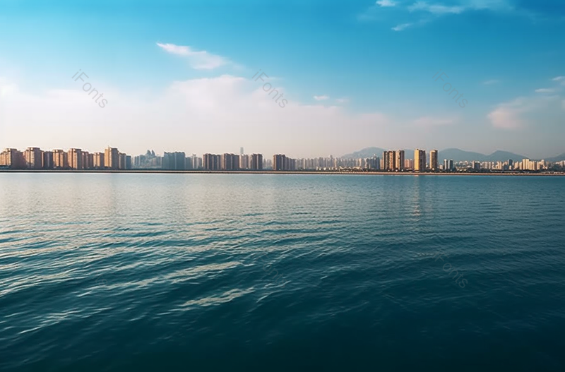 从海的对面看城市高楼大厦房屋建筑蓝色的天空海洋无人场景图像摄影,高清,摄影图,摄影图片,图片大全,摄影图免费下载